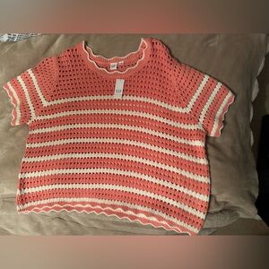 GAP Coral and Cream Striped Crochet Knit Top
